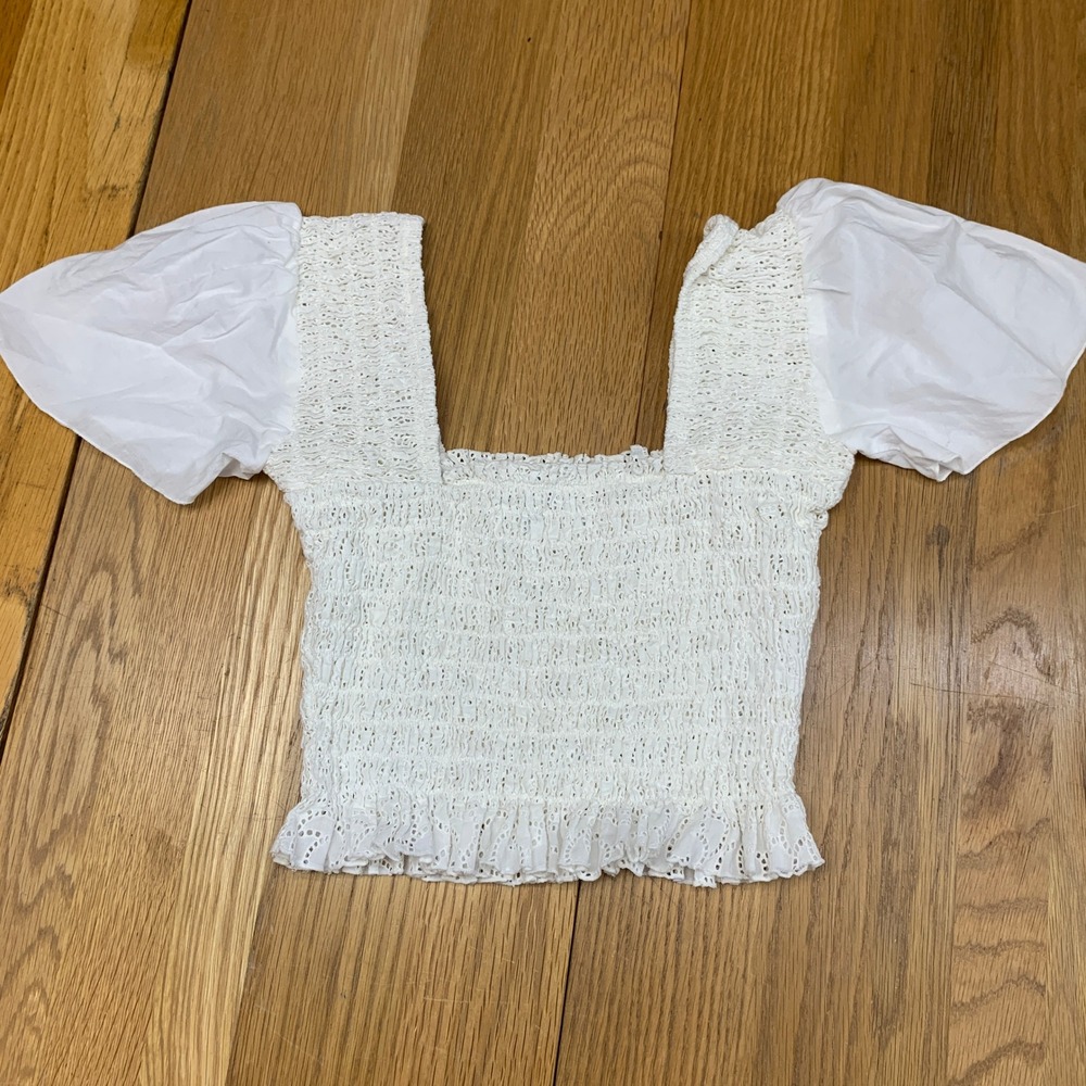 SIR the‎ Label White Smocked Eyelet Puff Sleeve Crop Top 1 S Cotton Square Neck